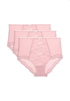 Drie roze hooggesneden damesonderbroeken met bloemenkantdetails en kleine strikjes aan de voorkant, gerangschikt in een gestapelde indeling op een witte achtergrond.