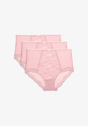 Drei rosa, hochgeschnittene Damenunterhosen mit floralen Spitzendetails und kleinen vorderen Schleifen, in einer gestapelten Anordnung auf einem weißen Hintergrund.