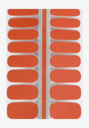 Ensemble de bandes d'ongles ovales orange organisées en rangées avec un support métallique. Chaque bande présente une finition lisse et brillante.