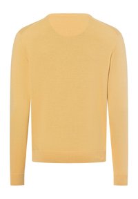 Gelbes Strickpulli mit langen Ärmeln, runder Halslinie und gerippten Bündchen und Saum. Glatte Textur, keine sichtbaren Muster oder Akzente.