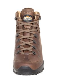 Brauner Leder-Wanderstiefel mit strukturierter Oberfläche, Metallösen und runden Schnürsenkeln. Robuste Sohle mit ausgeprägtem Profil für besseren Halt.