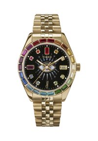 Goldene Timex-Uhr mit schwarzem Zifferblatt, regenbogenfarbigen Edelsteinen um die Lünette, einem Augendesign in der Mitte und mehrfarbigen Edelstein-Stundenmarkierungen.