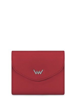 Red leather wallet with a flap closure, featuring a silver logo accent. Smooth texture and streamlined design. Compact rectangular shape.