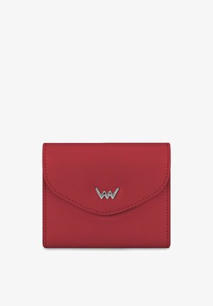 Red leather wallet with a flap closure, featuring a silver logo accent. Smooth texture and streamlined design. Compact rectangular shape.