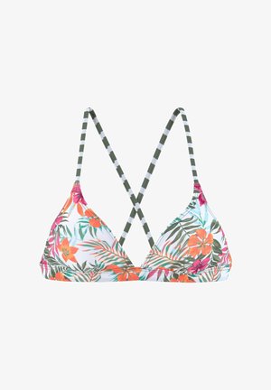 Blühender Bikini-Oberteil mit dreieckigen Cups, auf weißem Hintergrund mit lebendigen orangefarbenen und pinken Blumen. Gestreifte grüne und weiße Träger.
