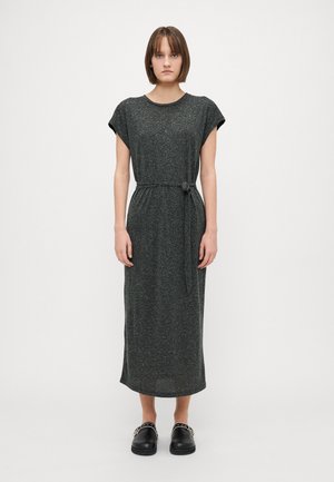 Gray knit maxi dress with short sleeves, a crew neck, and a tied waistband. Worn with black clogs, detailing a smooth texture.