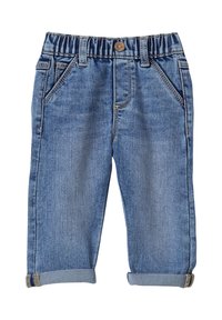 Gaiši zila džinsa bikses ar elastīgu jostasvietu, ar apakšmalām ar rukšiem, piecām kabatām un kontrastējošiem šuvēm.