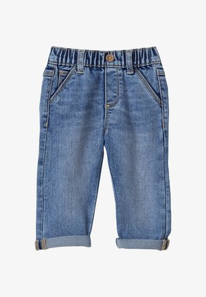 Svetlo modri traper hlače s raztegljivim pasom, z zavihanimi robovi, petimi žepi in kontrastnimi šivi.