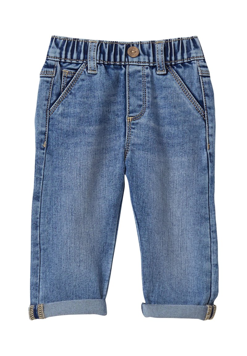 Gaiši zila džinsa bikses ar elastīgu jostasvietu, ar apakšmalām ar rukšiem, piecām kabatām un kontrastējošiem šuvēm.