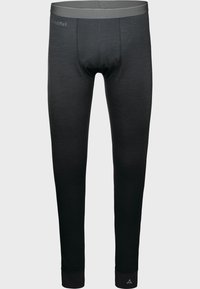 Schwarze lange Unterwäsche aus einem weichen Material. Bietet eine enganliegende Passform, einen elastischen Bund und Bündchen. Enthält einen hellgrauen Akzent an der Taille.
