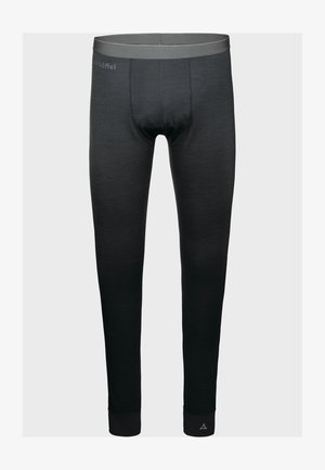 Schwarze lange Unterwäsche aus einem weichen Material. Bietet eine enganliegende Passform, einen elastischen Bund und Bündchen. Enthält einen hellgrauen Akzent an der Taille.