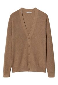 Hnědý pletený cardigan s výstřihem do V, zap�ínáním na knoflíky a skvrnitou texturou. Má dlouhé rukávy a uvolněný střih.