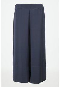 Marineblauwe culottes van een gladde, lichte stof, met een wijde broekspijpenontwerp en een platte tailleband. Geen zichtbare patronen of hardware.