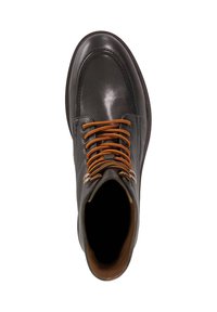 Black leather boot with orange laces, rounded toe, and ankle height. Features silver eyelets and a smooth, shiny texture.