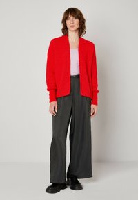 Rdeča pletena jopica z dolgimi rokavi, odprtim sprednjim delom in teksturirano površino, v kombinaciji s pastelno roza majico in širokimi črnimi hlačami. Črne debeline škornji.