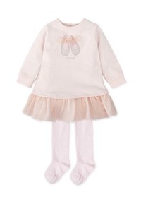 Vestido de color rosa claro con mangas largas, falda de tul y diseño de zapatillas de ballet brillantes. Incluye medias rosa a juego. Material de algodón suave.
