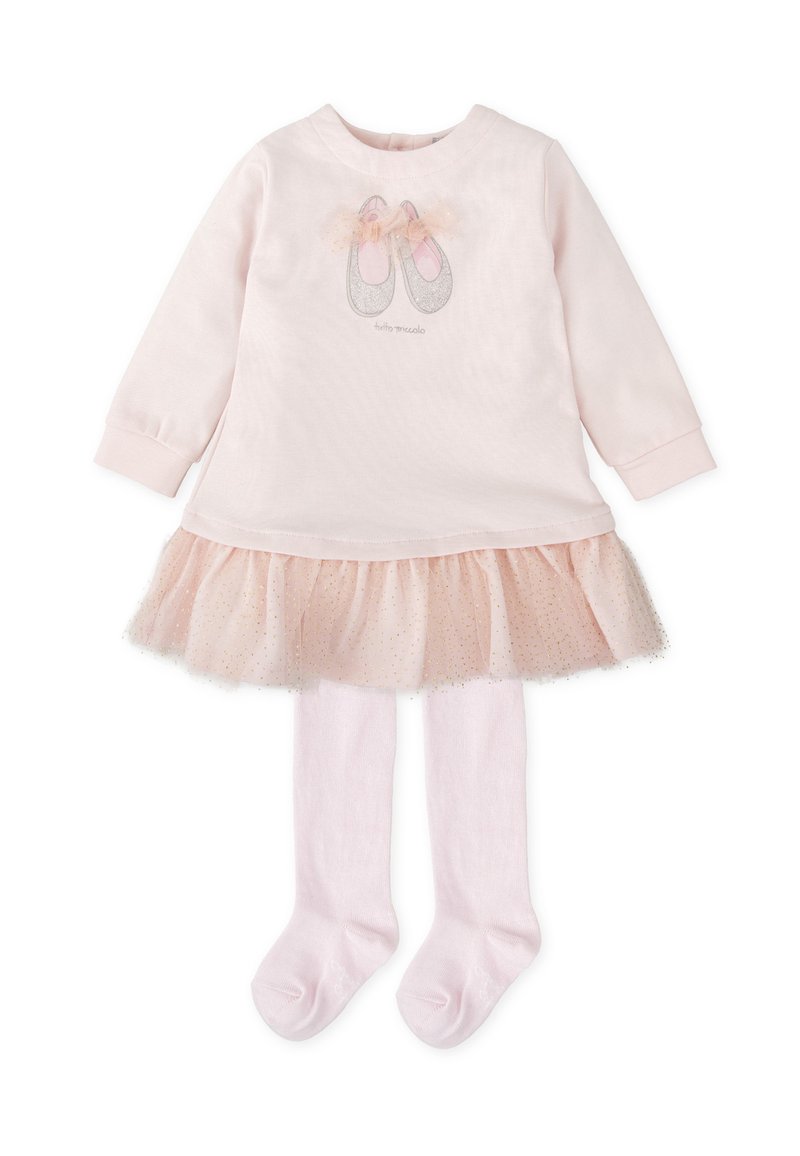 Vestido de color rosa claro con mangas largas, falda de tul y diseño de zapatillas de ballet brillantes. Incluye medias rosa a juego. Material de algodón suave.
