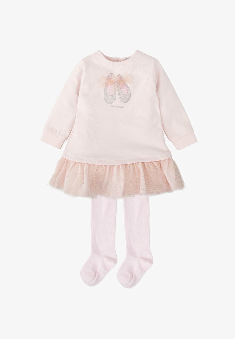 Vestido de color rosa claro con mangas largas, falda de tul y diseño de zapatillas de ballet brillantes. Incluye medias rosa a juego. Material de algodón suave.