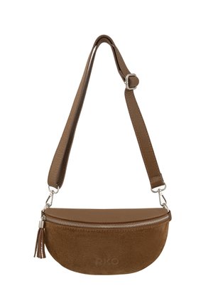 Bruine suede en leren schoudertas met een ronde vorm, zilveren rits en een franjerand. Verstelbare riem voor veelzijdig gebruik.