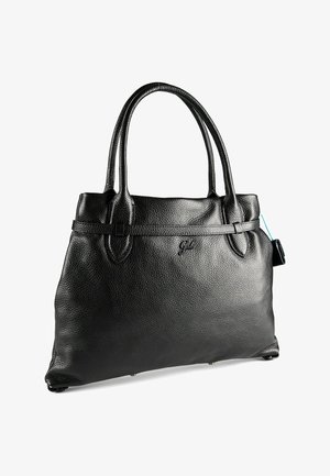 Borsa a tracolla in pelle nera con texture, dotata di doppi manici, un discreto logo del marchio sulla parte anteriore e un piccolo'etichetta attaccata al lato.