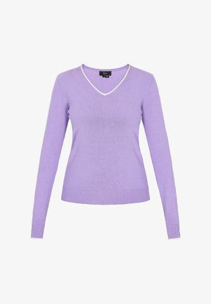 Levendula hosszú ujjú pulóver V nyakkal, fehér szegéllyel a nyakvonal mentén és az ujjak végén, puha, texturált kötött anyagból készült.