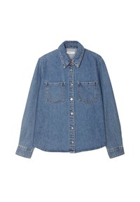 Camicia di denim blu con maniche lunghe, chiusura a bottoni sul davanti, due tasche sul petto e colletto classico. Presenta dettagli di cucitura e una vestibilità comoda.