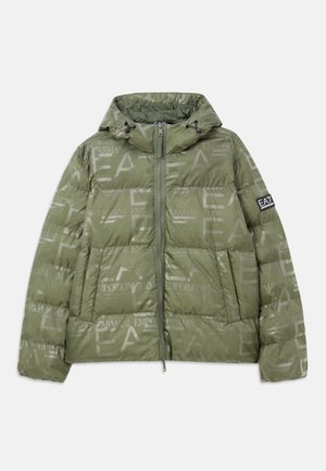 Green padded hooded jacket with full front zipper, side pockets, and all-over "EA7 Emporio Armani" logo print.