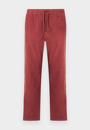 Pantalon en velours côtelé rouge avec taille élastique et cordon de serrage à l'avant, coupe droite.