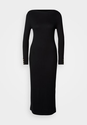 Black ribbed long-sleeve dress with a boat neckline and fitted silhouette, featuring gold-button accents on sleeves. Smooth texture.