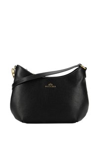 Borsa a spalla in pelle nera con texture a granuli, forma curva, dotata di logo in tonalità oro, tracolla regolabile e chiusura con zip.