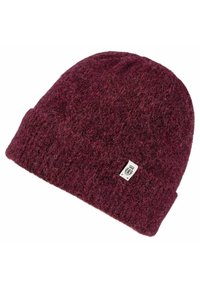 Burgundy knit beanie with a soft texture, featuring a folded cuff and a small logo patch on the side.