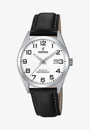 Festina Quarzarmbanduhr mit einem runden silbernen Gehäuse, weißem Zifferblatt, schwarzen arabischen Ziffern und einem schwarzen Lederarmband. Mit Datumsanzeige bei 3 Uhr.