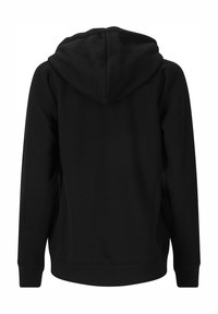 Un sweat à capuche noir avec une texture douce, dispose d'une coupe décontractée, d'une poche kangourou et de poignets côtelés. Conçu avec une capuche ajustable par cordon.