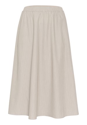 Lichtbeige, enkelhoge rok met een elastische tailleband. Beschikt over verticale streepjes en een luchtige, gestructureerde stof.