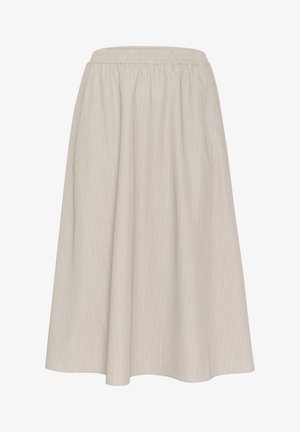 Light beige, ankle-length skirt with an elastic waistband. Features vertical pinstripes and a flowy, textured fabric.