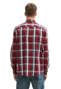Red and blue plaid button-up shirt with long sleeves, made from fabric with a soft texture, featuring a standard collar and back yoke.