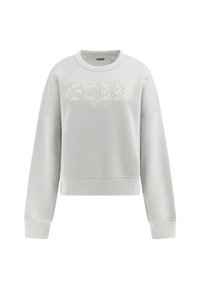 Lichtgrijze cropped sweatshirt met ribgebreide manchetten en zoom. Bevat geborduurd "GUESS" logo en "EST.1981" in contrasterende draad. Zachte textuur.