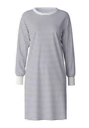 Striped dress in white and navy. Long sleeves with gathered cuffs and a ribbed crew neckline. Soft cotton material with a relaxed fit.