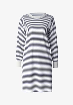 Gestreiftes Kleid in Weiß und Marineblau. Lange Ärmel mit gerafften Bündchen und einem gerippten Rundhalsausschnitt. Weiches Baumwollmaterial mit lockerer Passform.