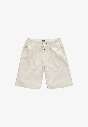 Pantalones cortos beige claros hechos de una tela suave y ligera. Presentan una cinturilla elástica con cordón y bolsillos laterales.