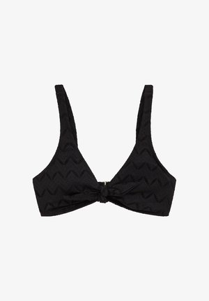 Fekete texturált bikini felsőrész széles vállpántokkal és középen elöl megkötött részlettel.