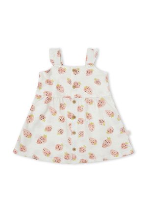 Vestido blanco sin mangas para bebé con estampado rosa de fresas y botones de madera en la parte delantera.