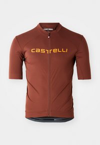 Korte mouwen wielershirt in een donkerrode kleur, voorzien van een volledige rits aan de voorkant en een opvallend gele "castelli" logo op de borst.