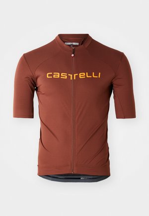 Kortærmet cykeltrøje i en mørkerød farve, med en fuld frontlynlås og et iøjnefaldende gult "castelli" logo på brystet.