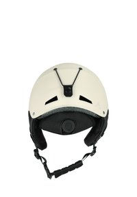 Hvid hjelm med sorte, justerbare stropper, polstret indvendig foring, ventilationsåbninger og en Y-formet frontbeslag for optimal pasform.