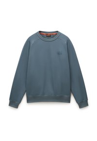 Blauwe sweatshirt van gestructureerde stof met een ribgebreide halslijn en manchetten. Heeft een klein reliëflogo op de borst.
