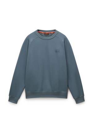 Blue sweatshirt made of textured fabric with a ribbed neckline and cuffs. Features a small embossed logo on the chest.