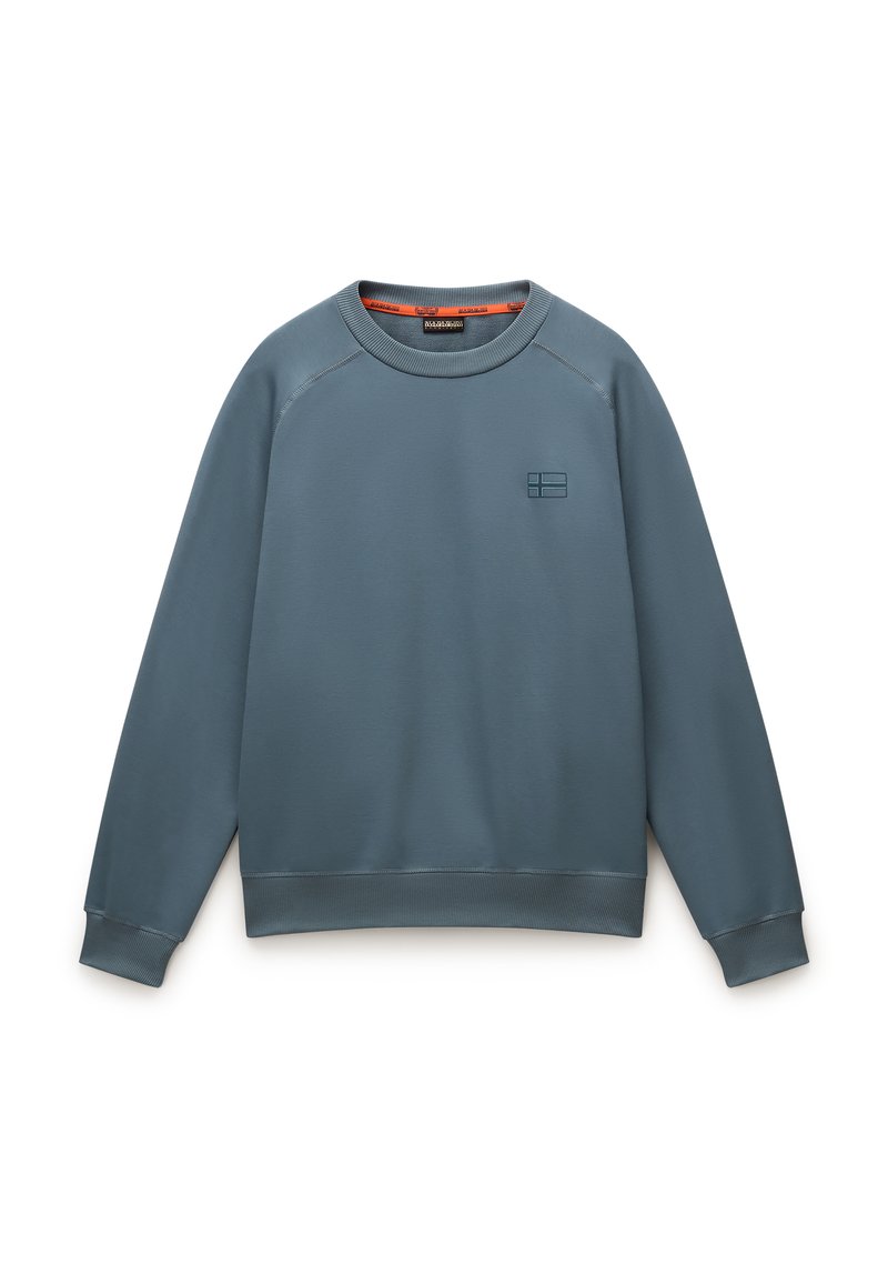 Blaues Sweatshirt aus texturiertem Stoff mit ribbeltem Halsausschnitt und Bündchen. Mit kleinem geprägtem Logo auf der Brust.