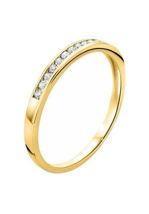 Goldring mit einem glatten, schlanken Band, das am oberen Rand mit einer Reihe von acht transparenten, rund facettierten Edelsteinen geschmückt ist.