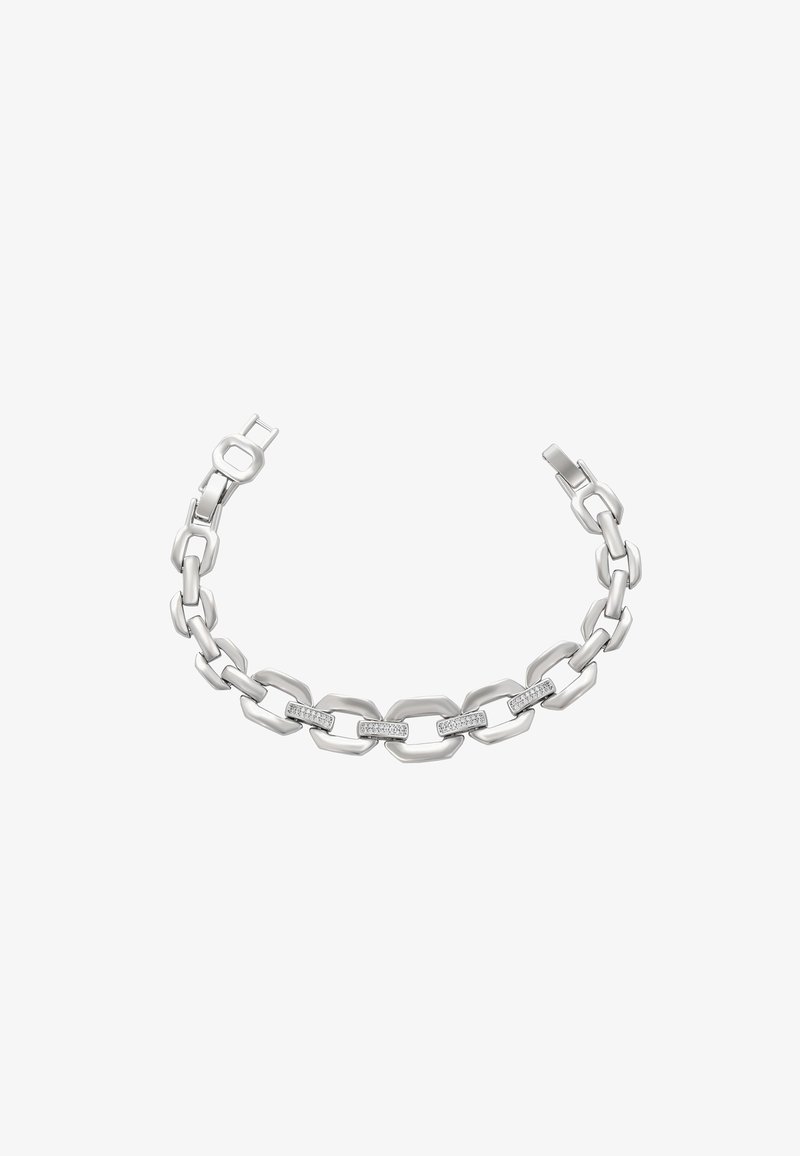 Hõbedane ahelkinnitus, kus on omavahel seotud ristkülikukujulised ja ovaalsed lingid, mille keskel on kolm kuupkristalli aksessuaari. Poleeritud viimistlus.